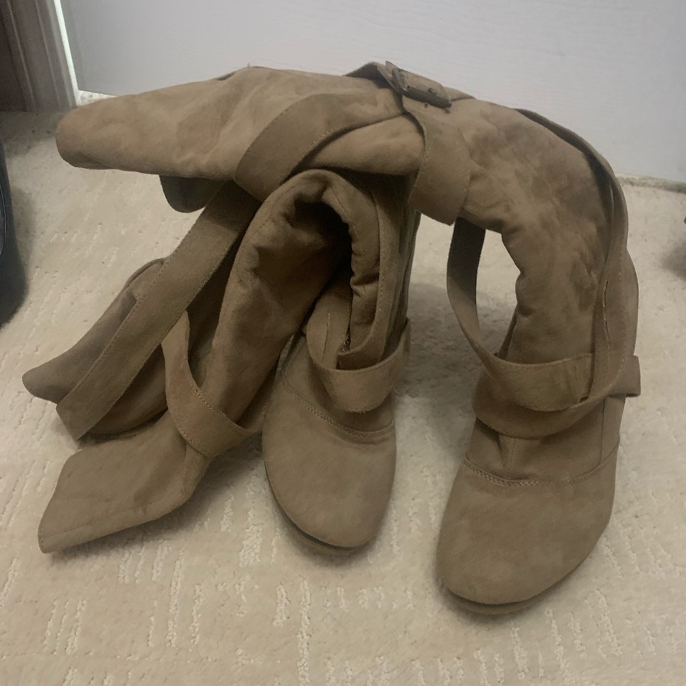 Wedge belted taupe velvet boots - 8.5 - at the knee, wide calf, great condition